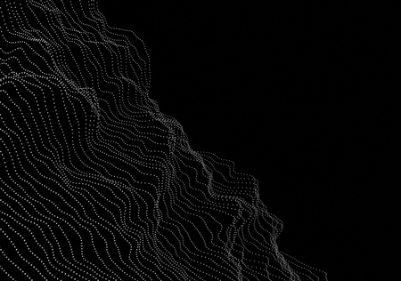 Abstract 3d rendering of waves with particles on black background. Futuristic background with lines of many low poly spheres. Design for poster, cover, banner, placardの写真素材