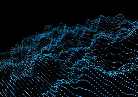 Abstract 3d rendering of waves with particles on black background. Futuristic background with lines of many low poly spheres. Design for poster, cover, banner, placardの写真素材