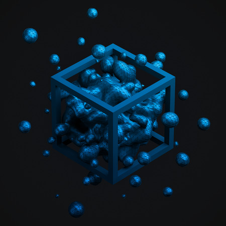 Abstract 3d rendering of chaotic liquid in cube. Background with dynamic fluid splash. Design element.の写真素材