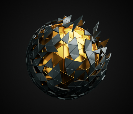 Abstract 3d rendering of low poly sphere with chaotic structure. Sci-fi background with polygonal shape in empty space. Futuristic design.