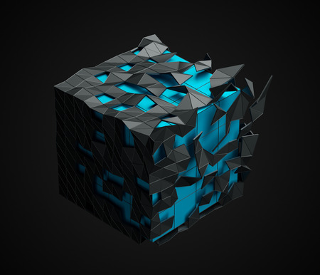 Abstract 3d rendering of low poly cube with chaotic structure. Sci-fi background with polygonal shape in empty space. Futuristic design.の写真素材