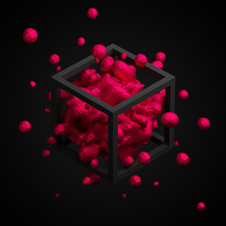 Abstract 3d rendering of chaotic low poly liquid in cube. Background with dynamic polygonal fluid splash. Design element.の写真素材