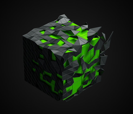 Abstract 3d rendering of low poly cube with chaotic structure. Sci-fi background with polygonal shape in empty space. Futuristic design.の写真素材
