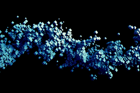 Abstract 3d rendering of chaotic particles. Flying cubes in empty space. Futuristic background.の写真素材