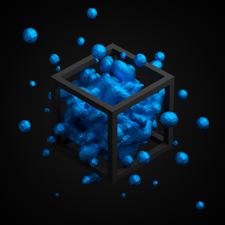 Abstract 3d rendering of chaotic low poly liquid in cube. Background with dynamic polygonal fluid splash. Design element.の写真素材