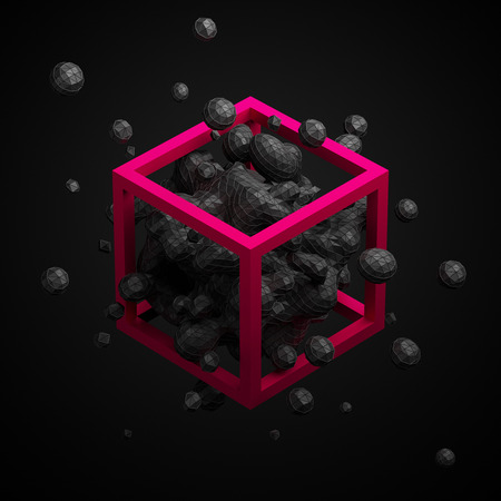 Abstract 3d rendering of chaotic low poly liquid in cube. Background with dynamic polygonal fluid splash. Design element.の写真素材