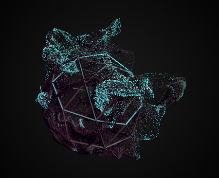 Abstract 3d rendering of chaotic particles. Flying cubes in empty space. Dynamic shape. Futuristic background. Poster design.の写真素材