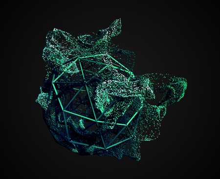 Abstract 3d rendering of chaotic particles. Flying cubes in empty space. Dynamic shape. Futuristic background. Poster design.の写真素材