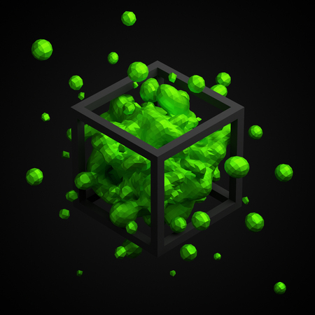 Abstract 3d rendering of chaotic low poly liquid in cube. Background with dynamic polygonal fluid splash. Design element.の写真素材