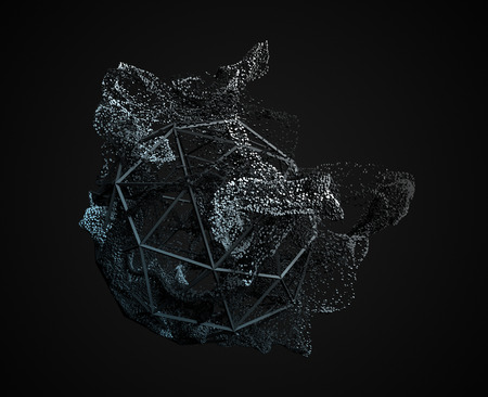Abstract 3d rendering of chaotic particles. Flying cubes in empty space. Dynamic shape. Futuristic background. Poster design.の写真素材