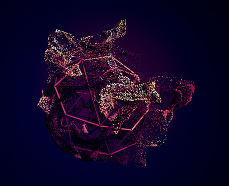 Abstract 3d rendering of chaotic particles. Flying cubes in empty space. Dynamic shape. Futuristic background. Poster design.の写真素材