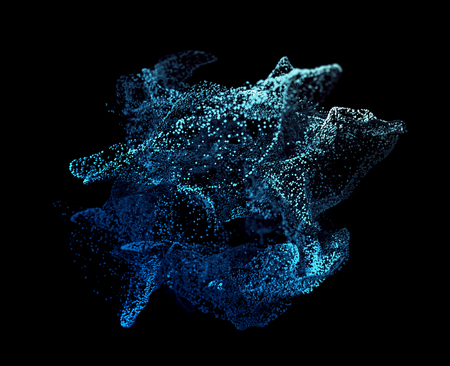 Abstract 3d rendering of chaotic particles. Flying cubes in empty space. Dynamic shape. Futuristic background. Poster design.の写真素材