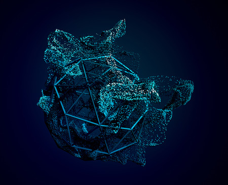 Abstract 3d rendering of chaotic particles. Flying cubes in empty space. Dynamic shape. Futuristic background. Poster design.の写真素材