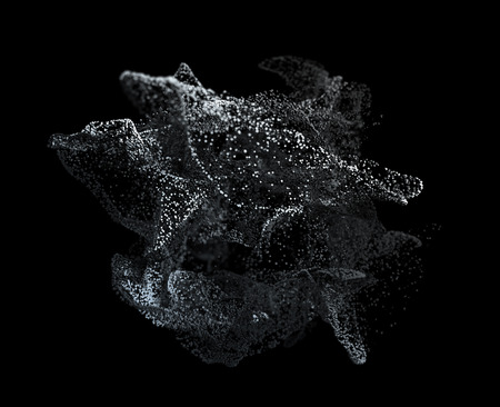 Abstract 3d rendering of chaotic particles. Flying cubes in empty space. Dynamic shape. Futuristic background. Poster design.の写真素材