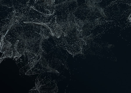 Abstract 3d rendering of chaotic particles. Flying cubes in empty space. Dynamic shape. Futuristic background. Poster design.の写真素材