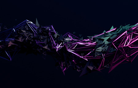 Abstract 3d rendering of chaotic surface. Contemporary background with futuristic polygonal shape. Distorted low poly object with sharp lines.の写真素材
