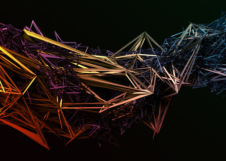 Abstract 3d rendering of chaotic surface. Contemporary background with futuristic polygonal shape. Distorted low poly object with sharp lines.の写真素材