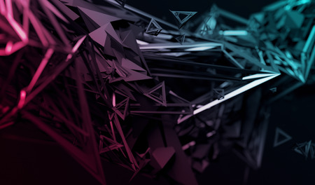 Abstract 3d rendering of chaotic surface. Contemporary background with futuristic polygonal shape. Distorted low poly object with sharp lines.