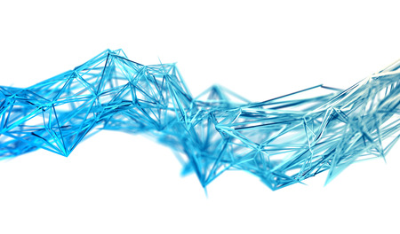 Abstract 3d rendering of chaotic plexus surface. Contemporary background with futuristic polygonal shape. Distorted low poly object with sharp lines.の写真素材