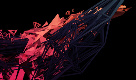 Abstract 3d rendering of chaotic plexus surface. Contemporary background with futuristic polygonal shape. Distorted low poly object with sharp lines.の写真素材