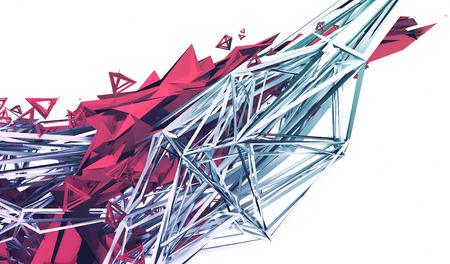 Abstract 3d rendering of chaotic plexus surface. Contemporary background with futuristic polygonal shape. Distorted low poly object with sharp lines.の写真素材