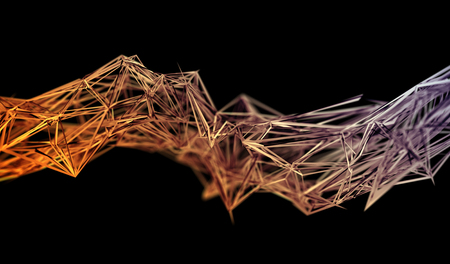 Abstract 3d rendering of chaotic plexus surface. Contemporary background with futuristic polygonal shape. Distorted low poly object with sharp lines.の写真素材