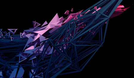 Abstract 3d rendering of chaotic plexus surface. Contemporary background with futuristic polygonal shape. Distorted low poly object with sharp lines.の写真素材