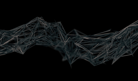 Abstract 3d rendering of chaotic plexus surface. Contemporary background with futuristic polygonal shape. Distorted low poly object with sharp lines.の写真素材
