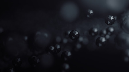Abstract 3d rendering of chaotic low poly particles. Flying polygonal spheres in empty space. Futuristic background with bokeh effect. Poster design.の写真素材