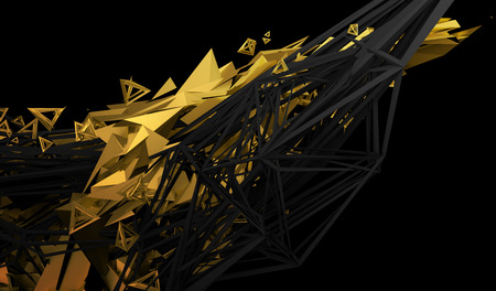 Abstract 3d rendering of chaotic plexus surface. Contemporary background with futuristic polygonal shape. Distorted low poly object with sharp lines.の写真素材