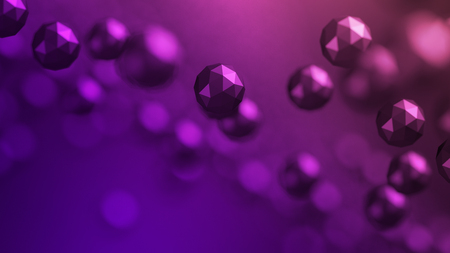 Abstract 3d rendering of chaotic low poly particles. Flying polygonal spheres in empty space. Futuristic background with bokeh effect. Poster design.の写真素材
