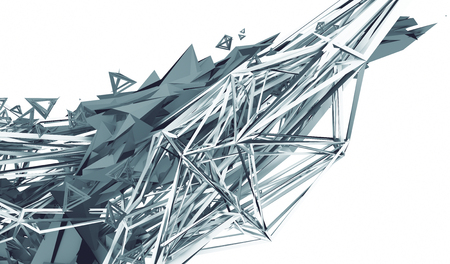 Abstract 3d rendering of chaotic plexus surface. Contemporary background with futuristic polygonal shape. Distorted low poly object with sharp lines.の写真素材