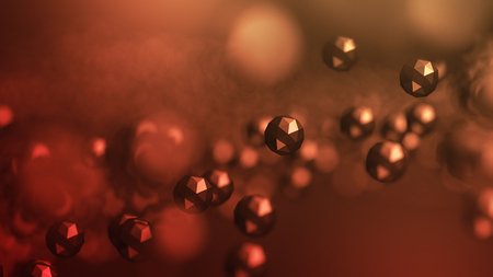 Abstract 3d rendering of chaotic low poly particles. Flying polygonal spheres in empty space. Futuristic background with bokeh effect. Poster design.の写真素材