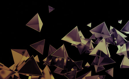 Abstract 3d rendering of chaotic low poly shapes. Flying polygonal pyramids in empty space. Futuristic background. Poster design.の写真素材