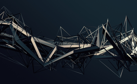Abstract 3d rendering of chaotic plexus surface. Contemporary background with futuristic polygonal shape. Distorted low poly object with sharp lines.の写真素材