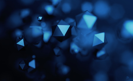 Abstract 3d rendering of chaotic low poly particles. Flying polygonal spheres in empty space. Futuristic background with bokeh effect. Poster design.の写真素材