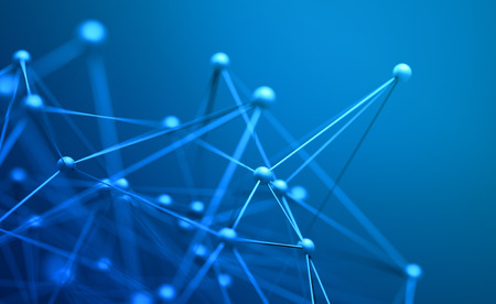 Abstract 3d rendering of chaotic structure. Plexus background with lines and spheres in empty space. Futuristic shape. Network concept. Modern design for banner, poster, placard.の写真素材