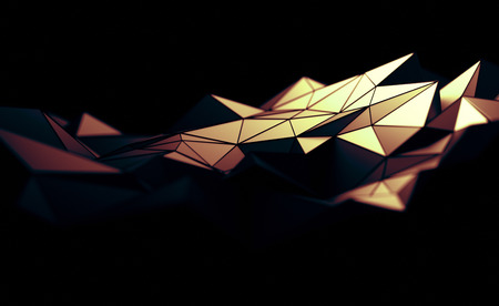 Abstract 3d rendering of triangulated surface. Contemporary background. Futuristic polygonal shape. Distorted low poly backdrop with sharp lines.の写真素材