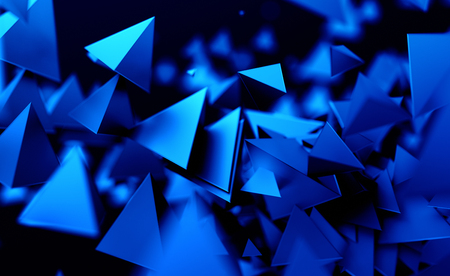 Abstract 3d rendering of chaotic low poly shapes. Flying polygonal pyramids in empty space. Futuristic background with bokeh effect. Poster design.の写真素材