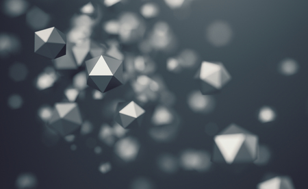 Abstract 3d rendering of chaotic low poly particles. Flying polygonal spheres in empty space. Futuristic background with bokeh effect. Poster design.の写真素材