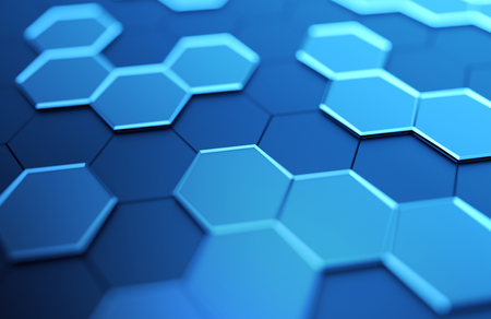Abstract 3d rendering of futuristic surface with hexagons. Contemporary sci-fi background with bokeh effect. Poster design.の写真素材