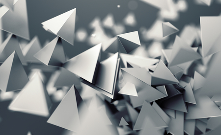 Abstract 3d rendering of chaotic low poly shapes. Flying polygonal pyramids in empty space. Futuristic background with bokeh effect. Poster design.の写真素材