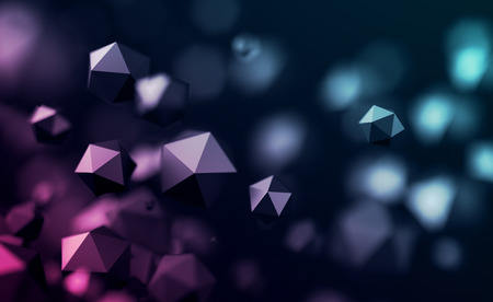 Abstract 3d rendering of chaotic low poly particles. Flying polygonal spheres in empty space. Futuristic background with bokeh effect. Poster design.の写真素材