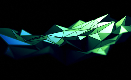 Abstract 3d rendering of triangulated surface. Contemporary background. Futuristic polygonal shape. Distorted low poly backdrop with sharp lines.の写真素材