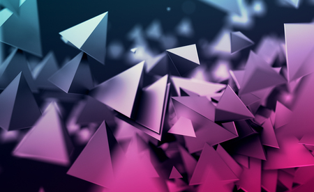 Abstract 3d rendering of chaotic low poly shapes. Flying polygonal pyramids in empty space. Futuristic background with bokeh effect. Poster design.の写真素材