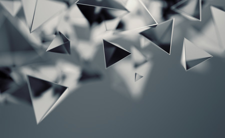 Abstract 3d rendering of chaotic low poly shapes. Flying polygonal pyramids in empty space. Futuristic background with bokeh effect. Poster design.の写真素材