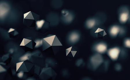 Abstract 3d rendering of chaotic low poly particles. Flying polygonal spheres in empty space. Futuristic background with bokeh effect. Poster design.の写真素材