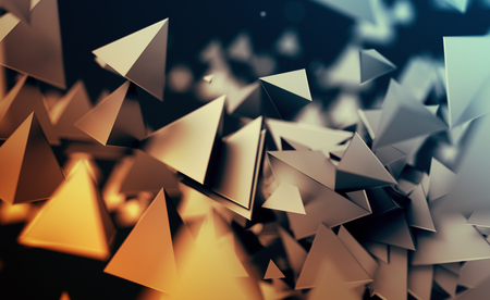 Abstract 3d rendering of chaotic low poly shapes. Flying polygonal pyramids in empty space. Futuristic background with bokeh effect. Poster design.の写真素材