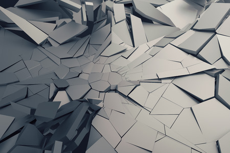 Abstract 3d rendering of cracked surface. Background with broken shape. Wall destruction. Bursting with debris. Modern cgi illustration. Design for poster, banner, placard, cover, print.の写真素材