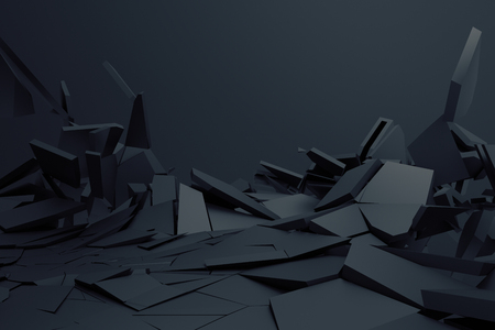 Abstract 3d rendering of cracked surface. Background with broken shape. Wall destruction. Bursting with debris. Modern cgi illustration. Design for poster, banner, placard, cover, print.の写真素材
